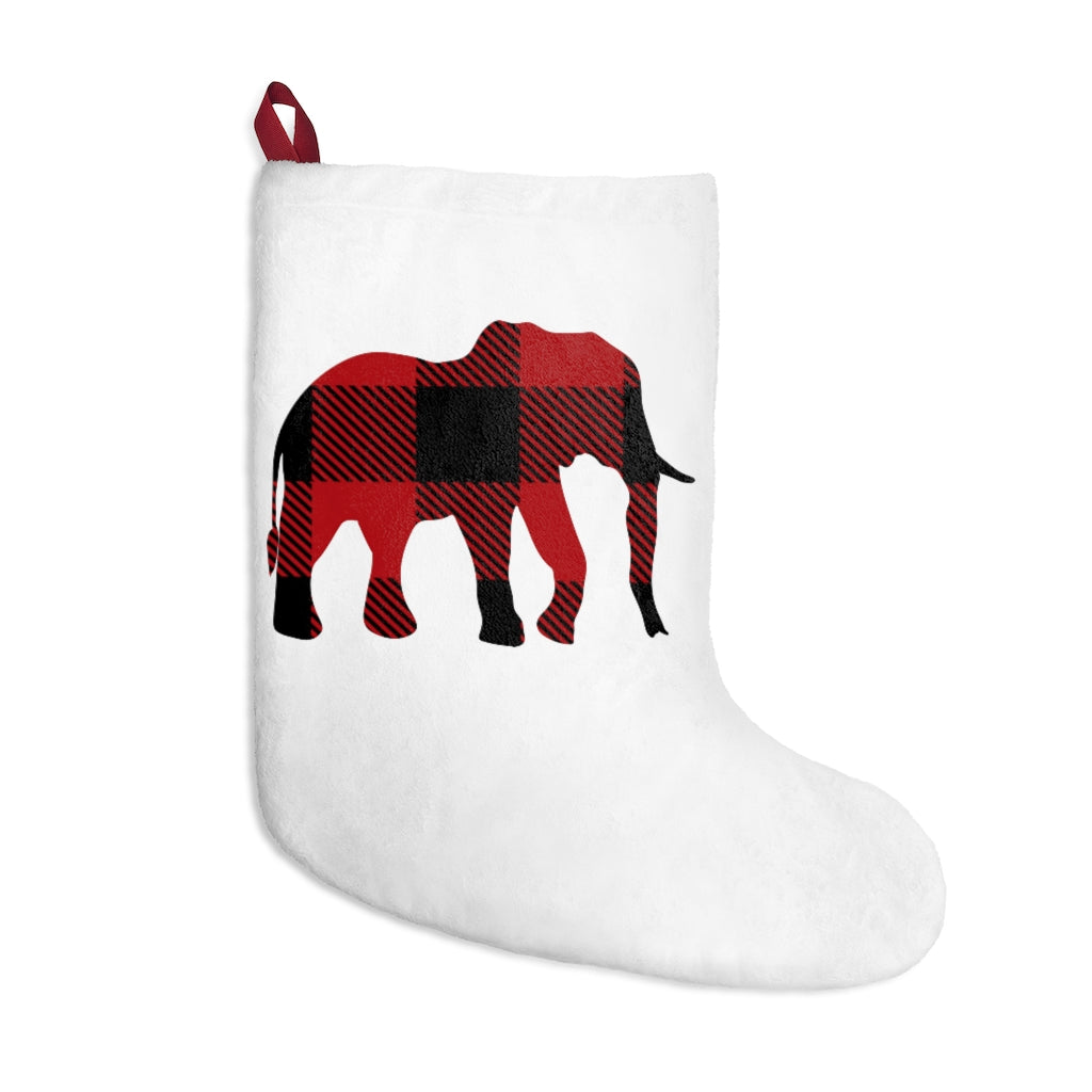 White Christmas Elephant Stocking Christmas Stocking with Elephant Buffalo Print, Red and Black Elephant on Christmas Stocking
