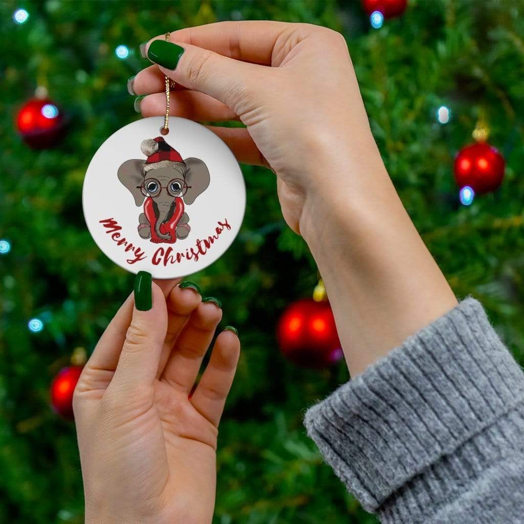 Ceramic Elephant Ornament - Adorable Elephant in Buffalo Print Home Decor Circle / One Size