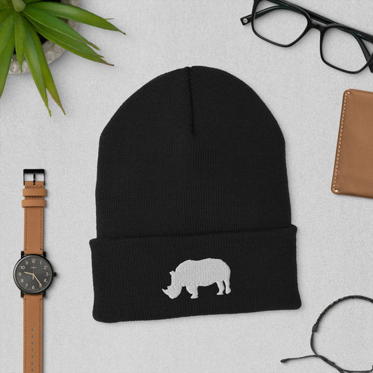 Embroidered White Rhino Cuffed Beanie