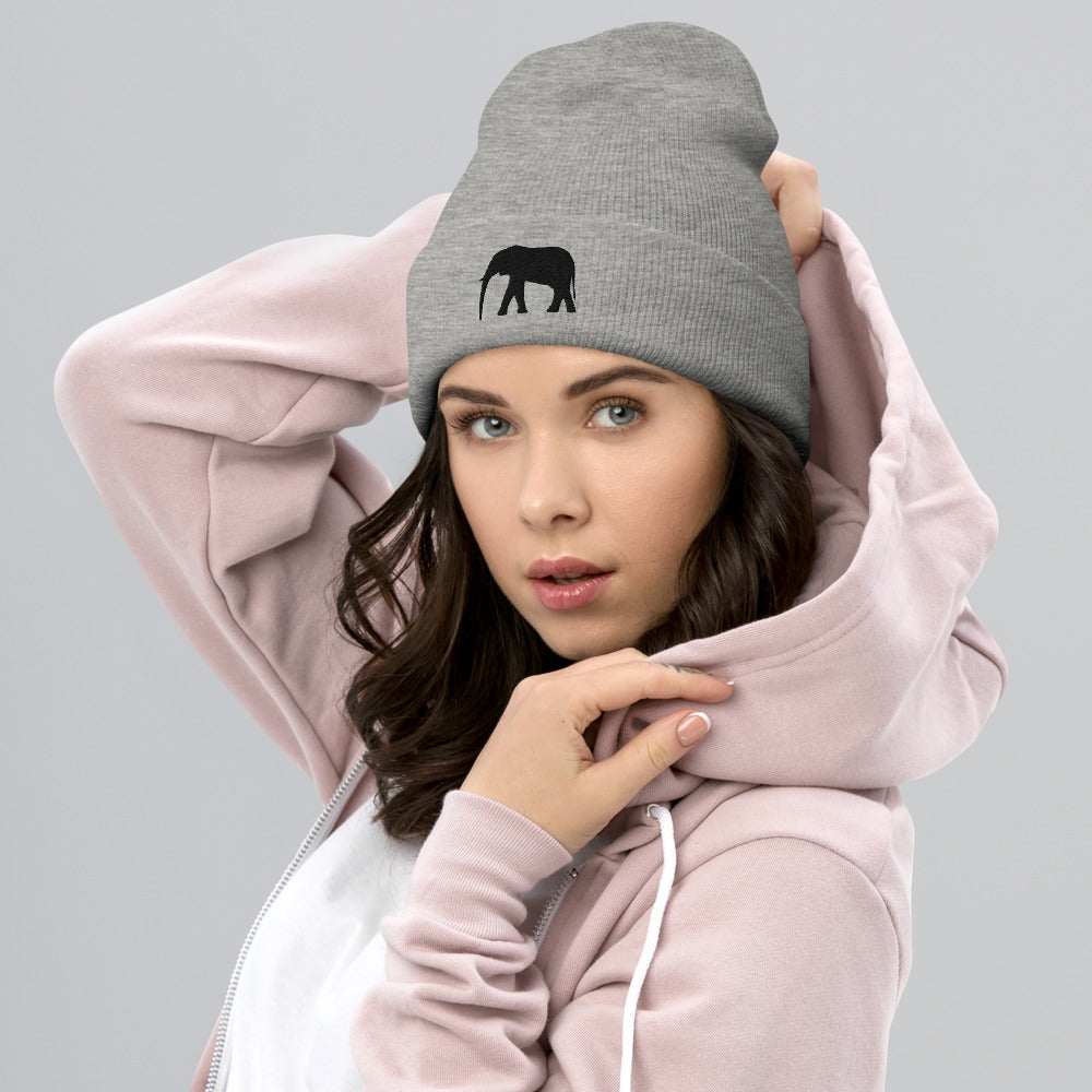 Embroidered Elephant Cuffed Beanie - Popular Elephant Beanie, Cute Elephant Beanie