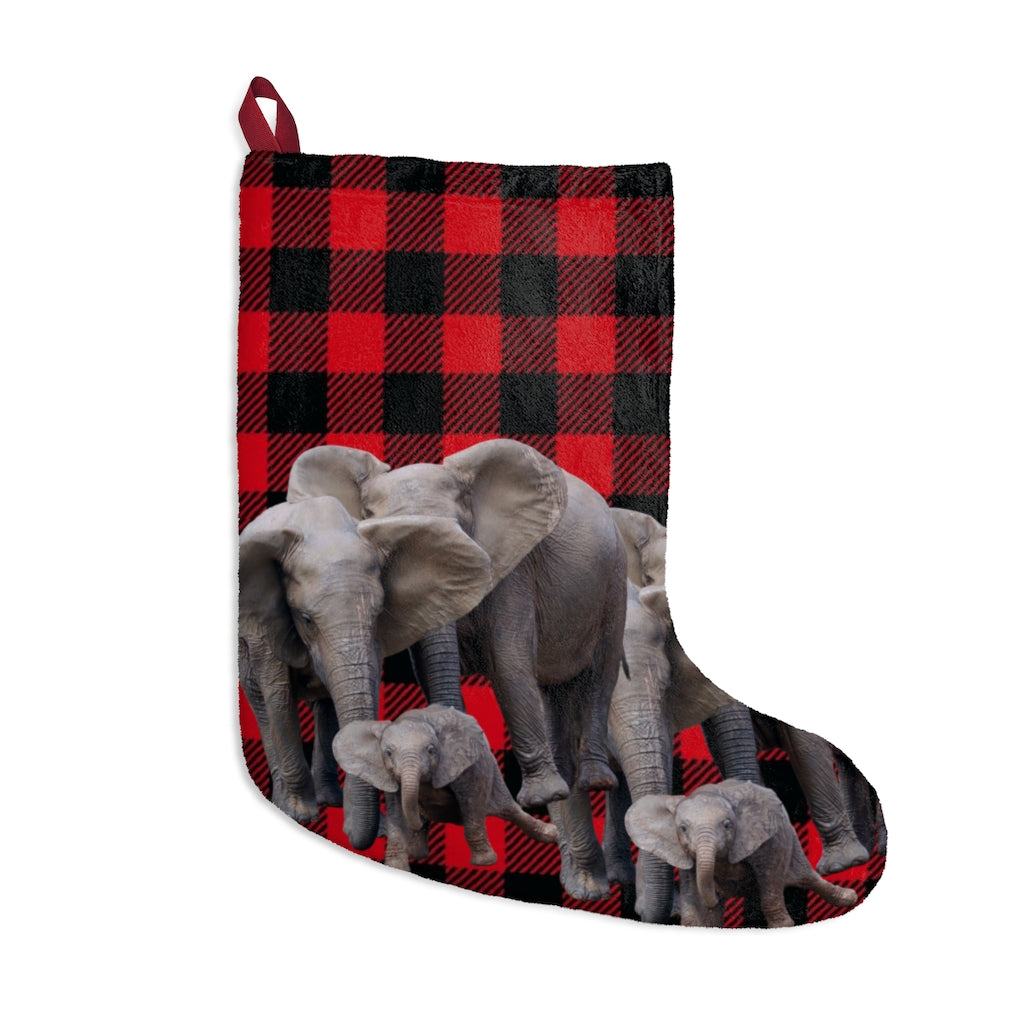 Red and Black Elephant Christmas Stocking - African Elephant Family on Buffalo Print Christmas Stocking