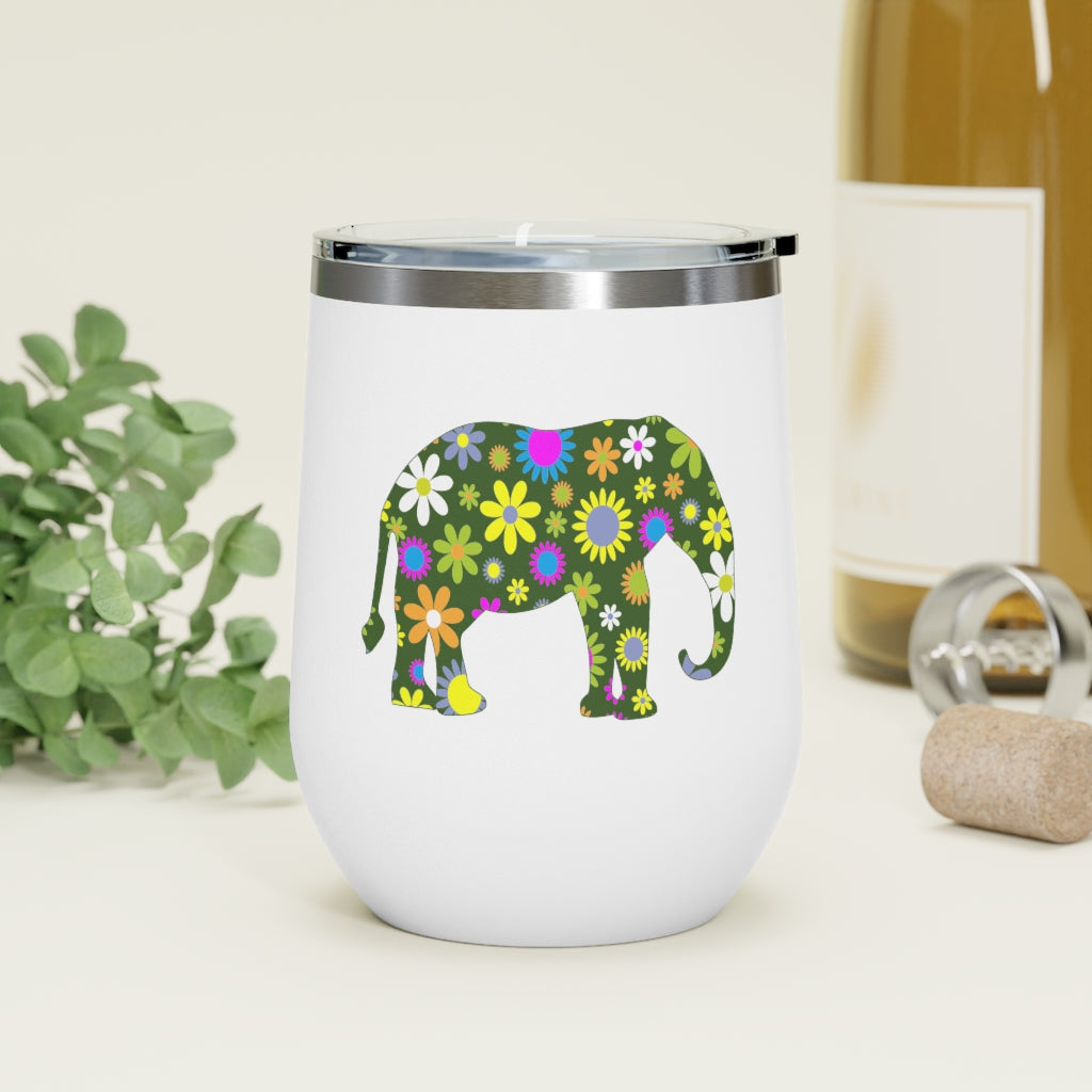 12oz Insulated Wine Tumbler with Retro Flowers Elephant