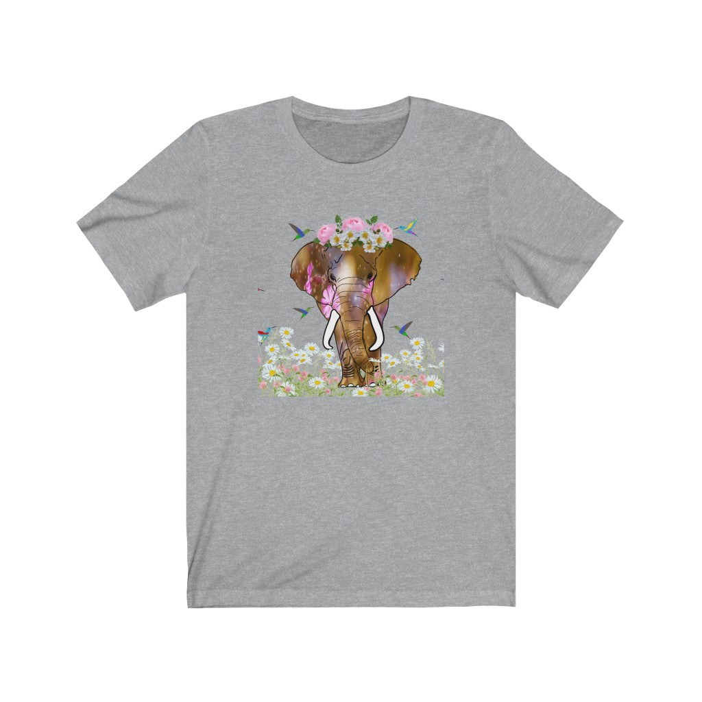 Beautiful Women's Elephant Shirt - Women's Unisex Jersey Short Sleeve Elephant Tee with Jumbo Elephant, Cute Elephant Shirt with Flower Crown