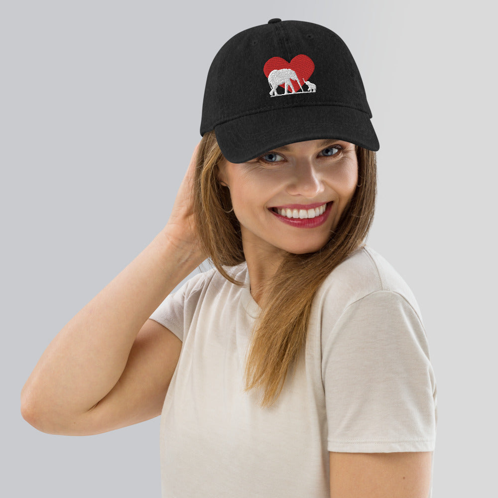Denim Hat with Heart and Mama and Baby Elephants