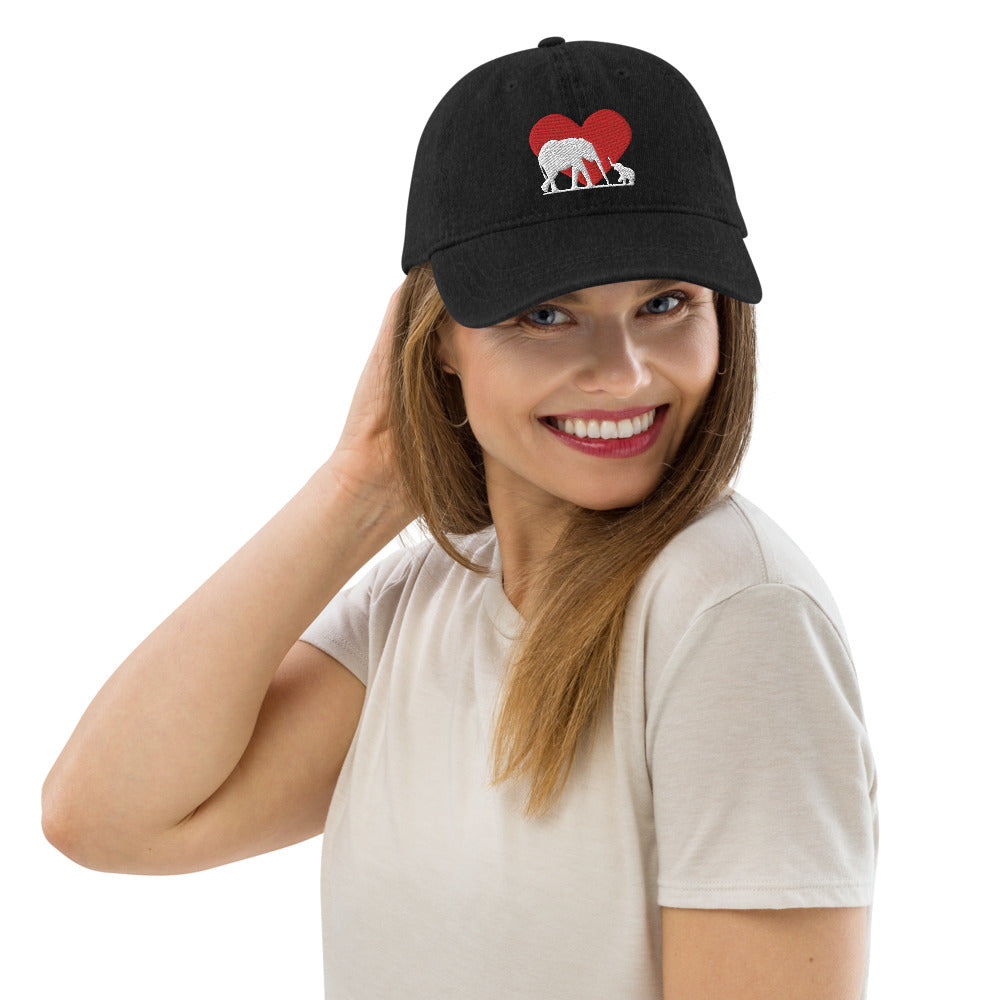 Denim Hat with Heart and Mama and Baby Elephants