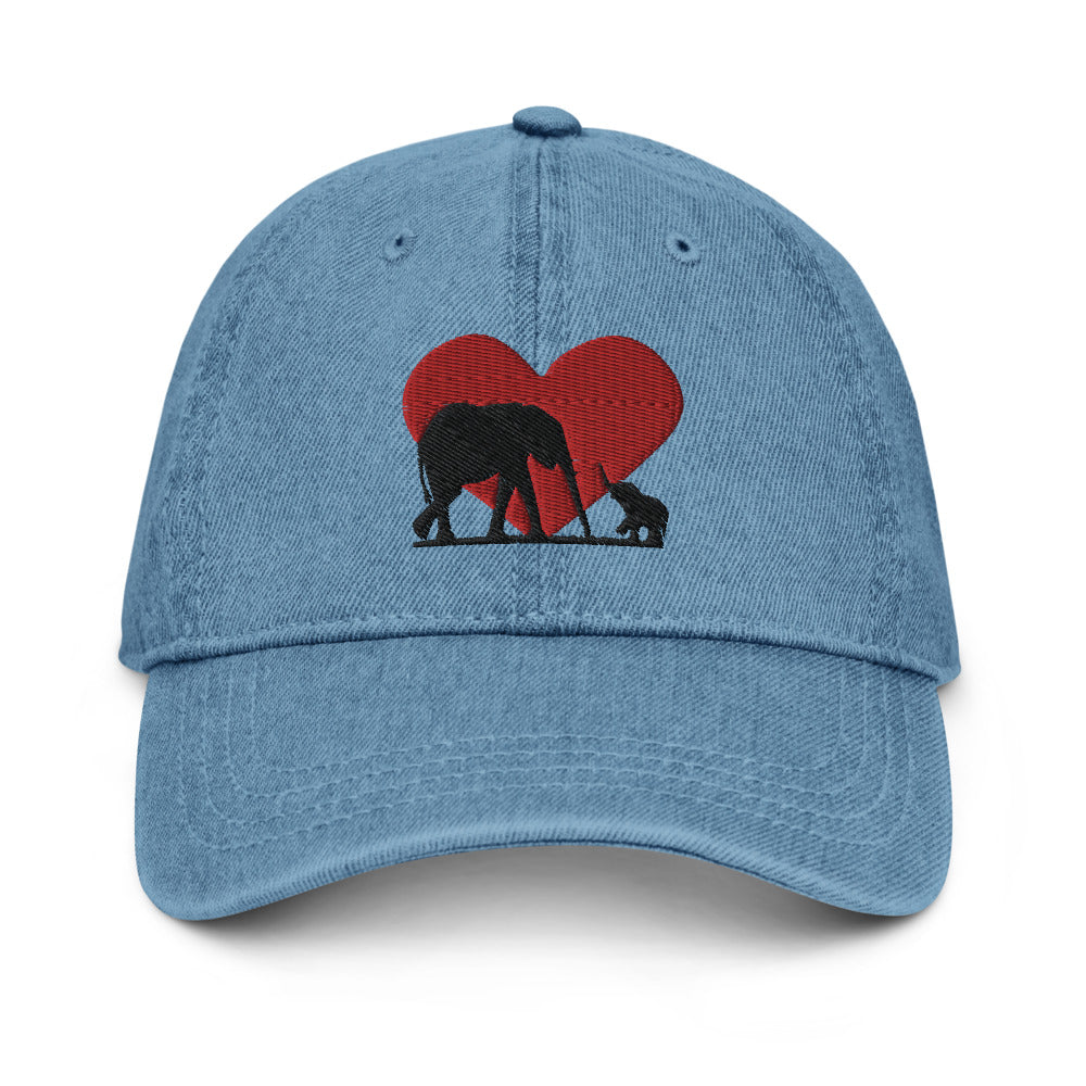 Denim Hat with Heart and Mama and Baby Elephants
