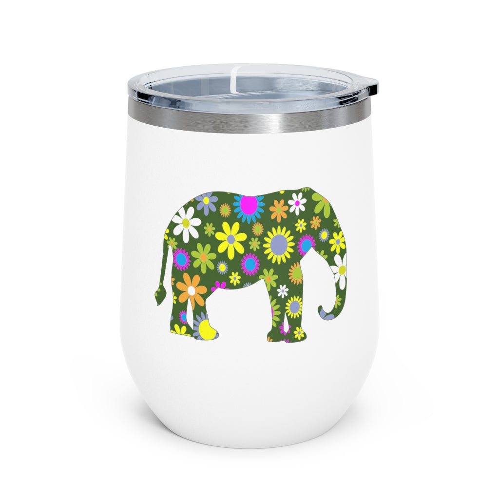12oz Insulated Wine Tumbler with Retro Flowers Elephant