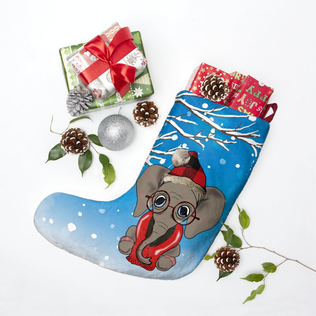 Blue Cozy Elephant Christmas Stocking - Adorable Elephant with Hat and Scarf on Christmas Stocking, Cute Elephant with Glasses