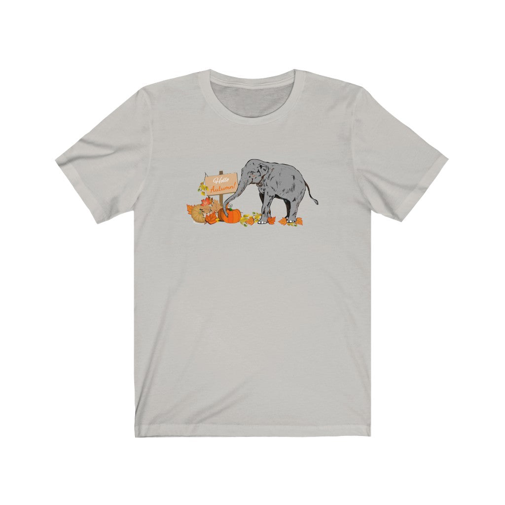 Happy Fall Elephant Shirt with Pumpkins - Unisex Jersey Short Sleeve Elephant Tee with Pumpkins and Autumn Leaves