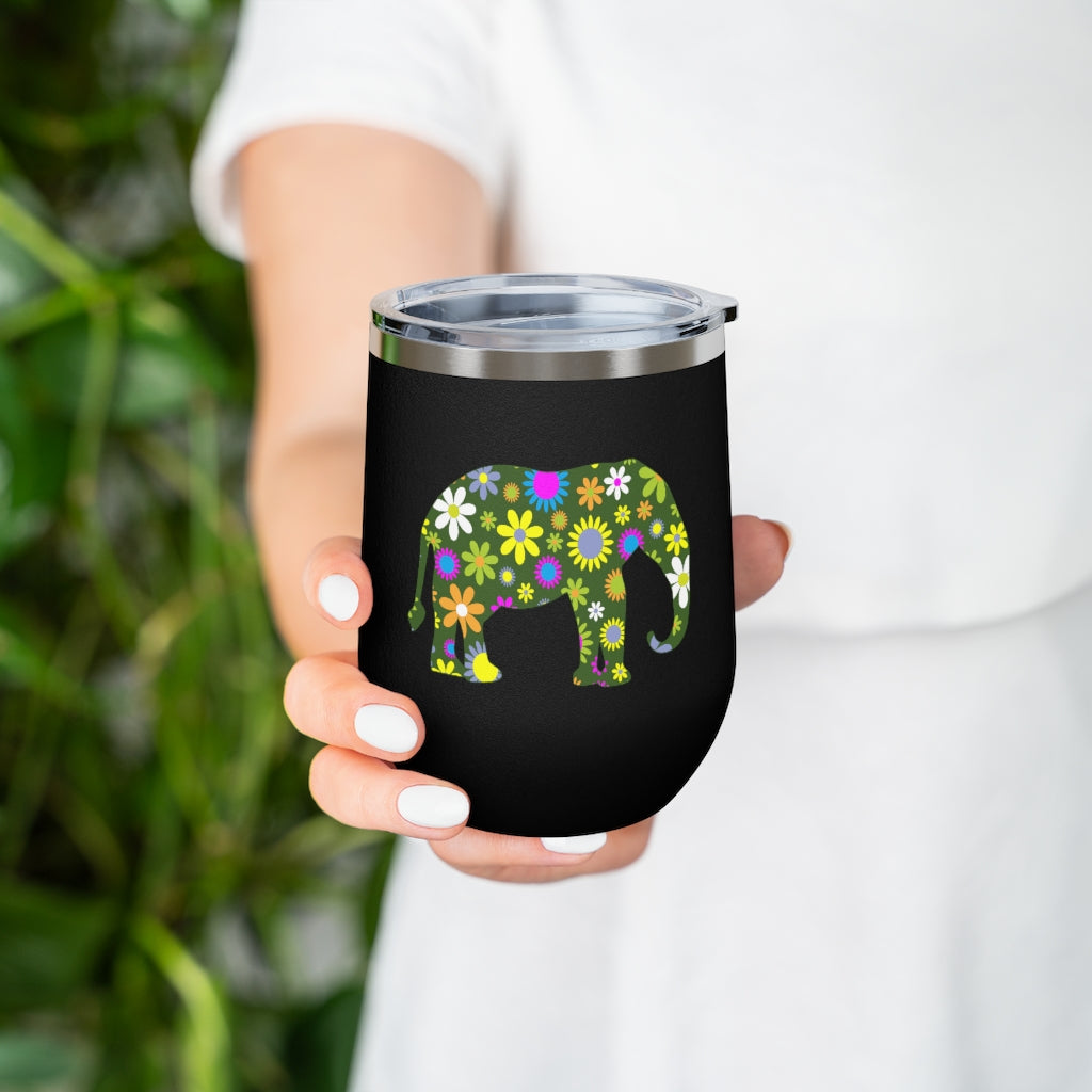 12oz Insulated Wine Tumbler with Retro Flowers Elephant