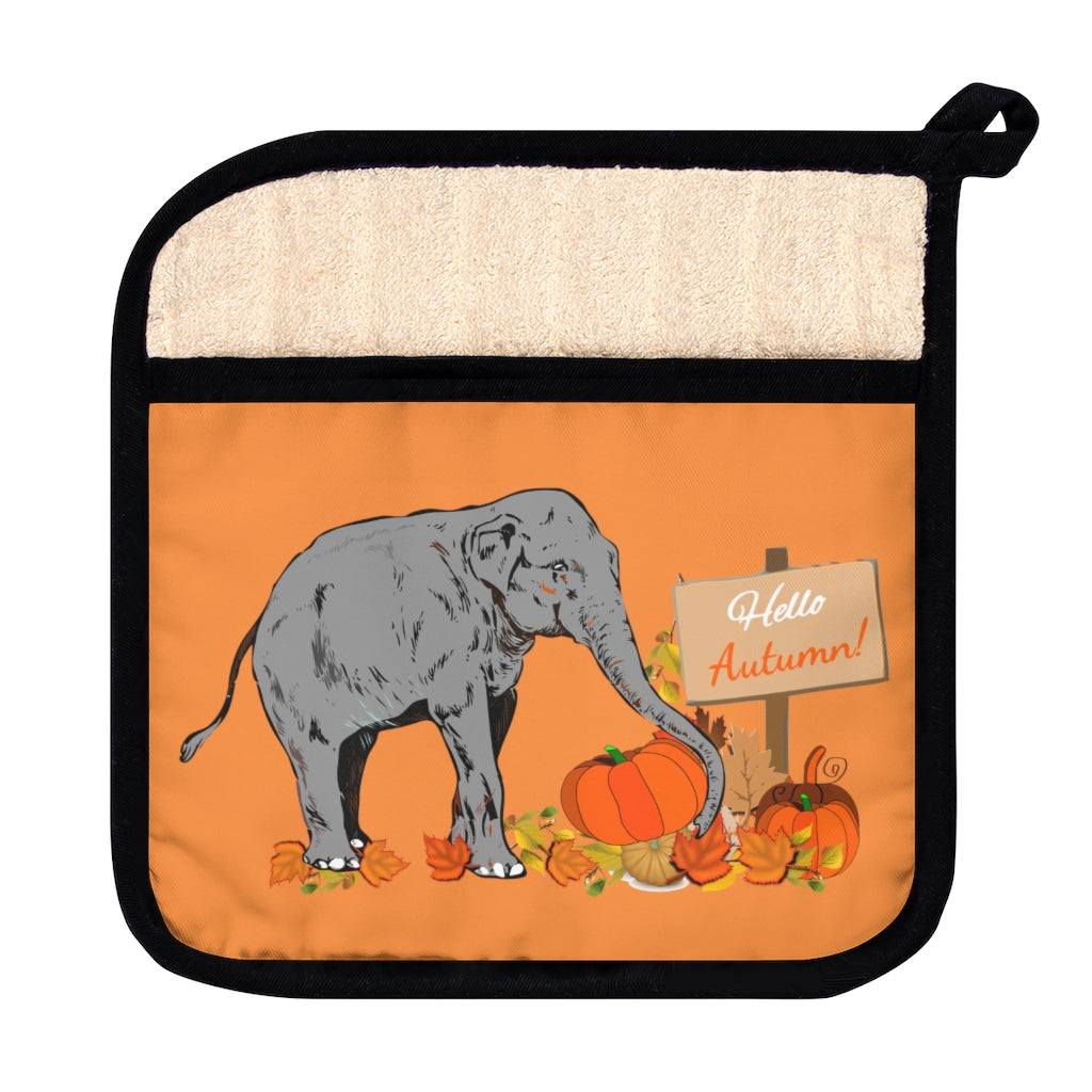 Autumn Elephant Pot Holder with Pocket and Pumpkins - Elephant and Pumpkin Pot Holder, Pot Holder with Fall Colors and Elephant