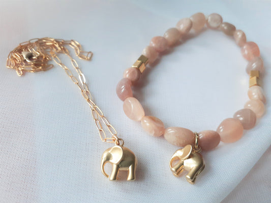 Elephant Bracelet and Necklace Gift Set - Gold