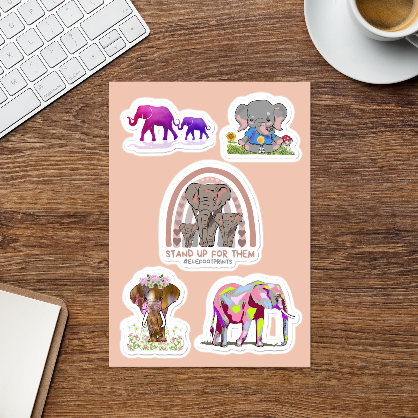 Five Piece Elephant Sticker Sheet | Laptop Sticker Sheet with Elephants | Elephants on Sticker Sheet | Notepad Stickers | Phone Case Stickers