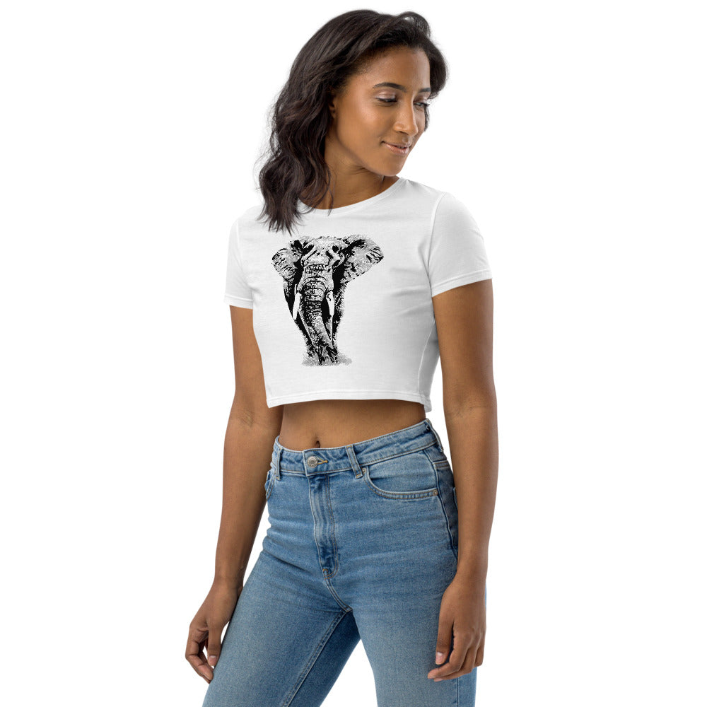 White Organic Jumbo Elephant Women's Crop Top - Eco Friendly Shirt