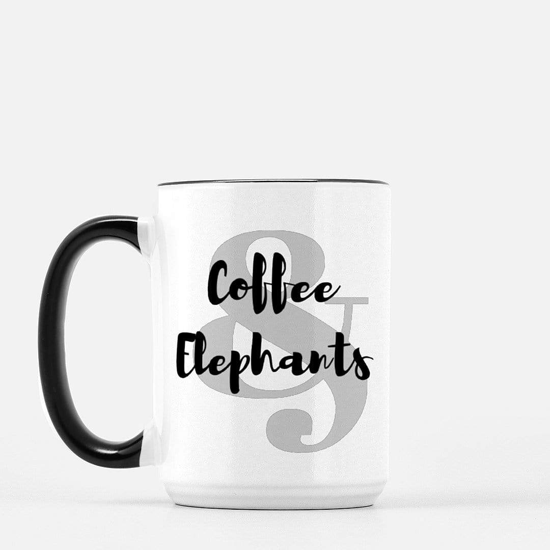 Personalized Elephant Mug - Coffee and Elephants (Black + White Accent Coffee Mug) Elephant Gift