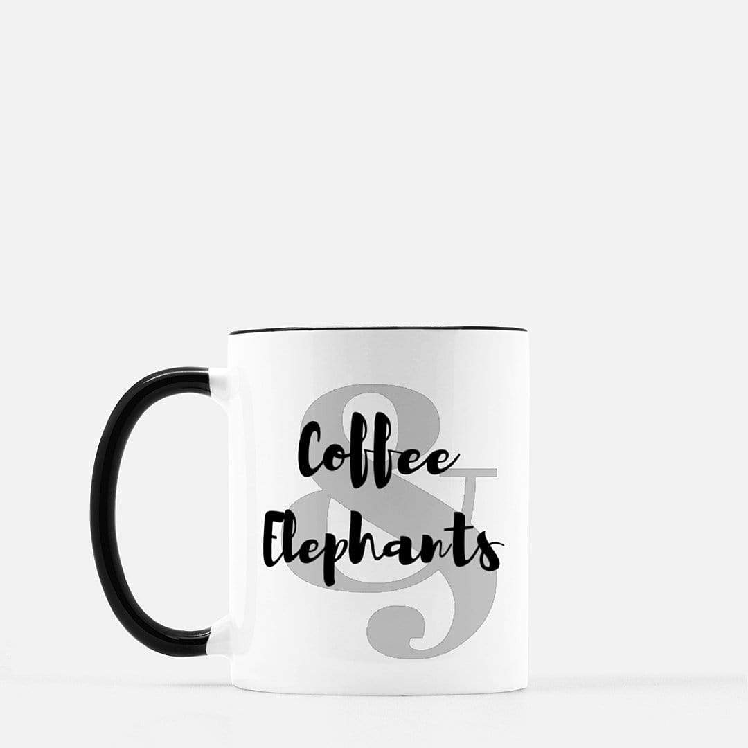 Personalized Elephant Mug - Coffee and Elephants (Black + White Accent Coffee Mug) Elephant Gift