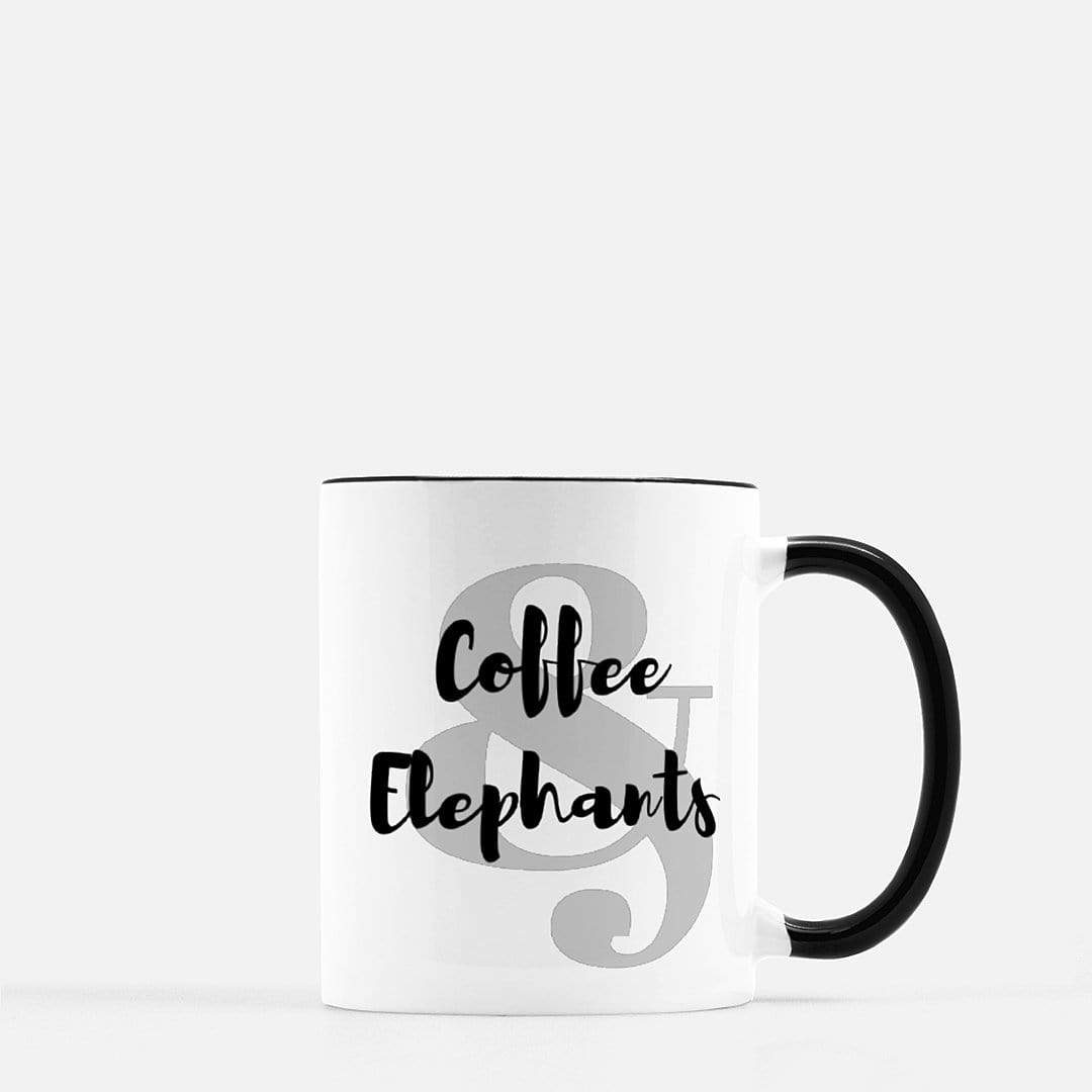 Personalized Elephant Mug - Coffee and Elephants (Black + White Accent Coffee Mug) Elephant Gift