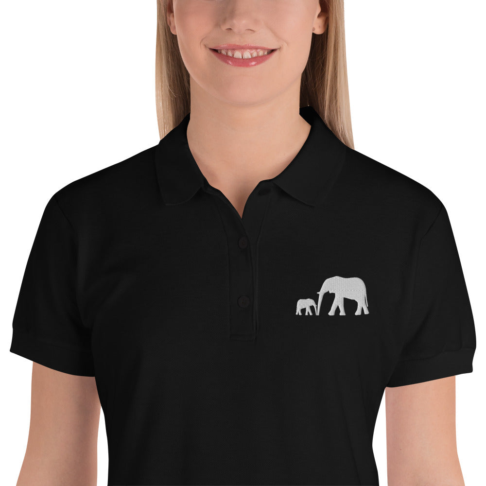 Embroidered Women's Polo Shirt with Mama and Baby Elephants