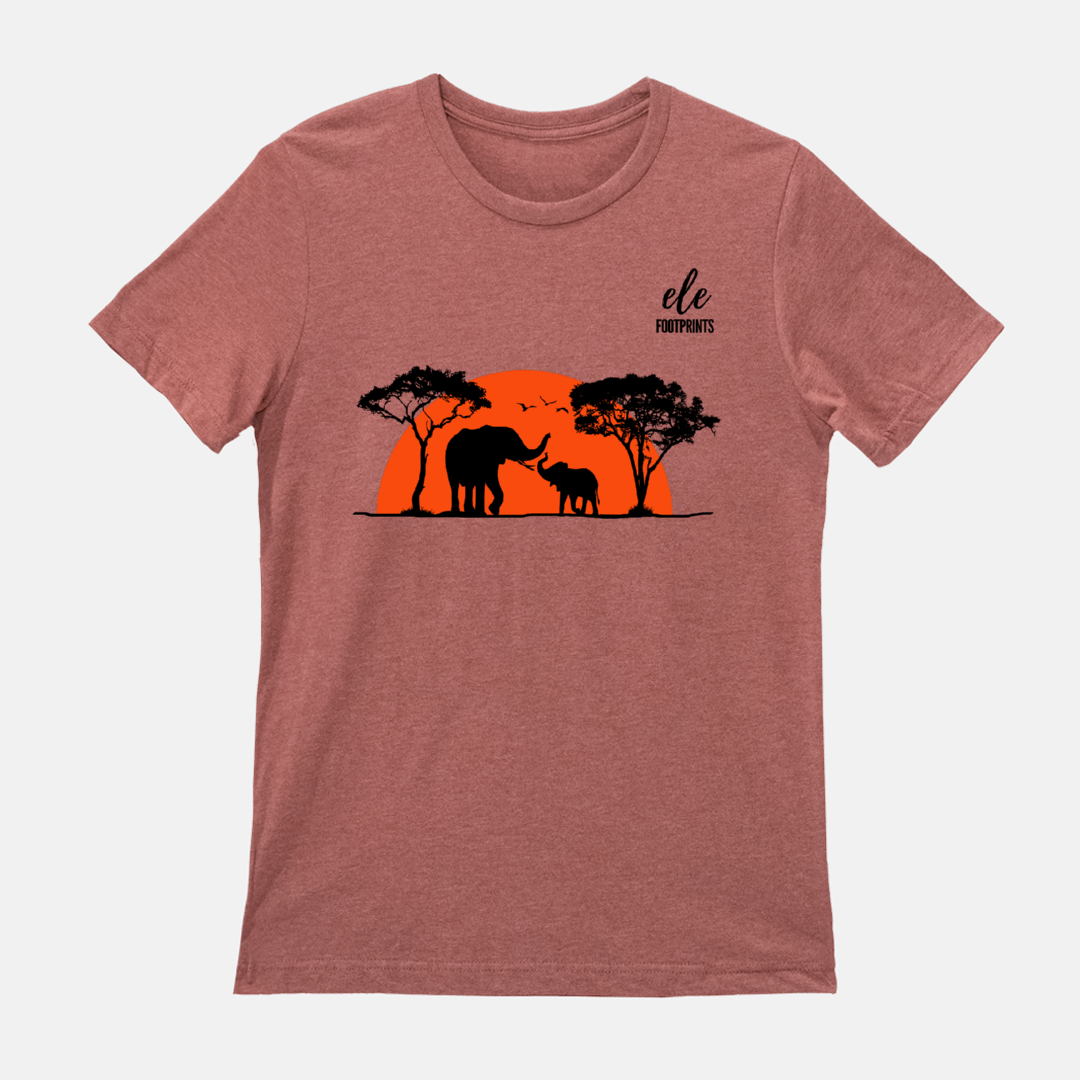 Unisex Elephant T-Shirt - African Safari Sunset with Mama and Baby Elephants