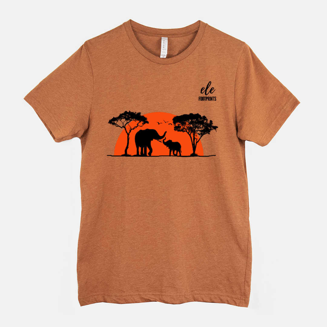 Unisex Elephant T-Shirt - African Safari Sunset with Mama and Baby Elephants
