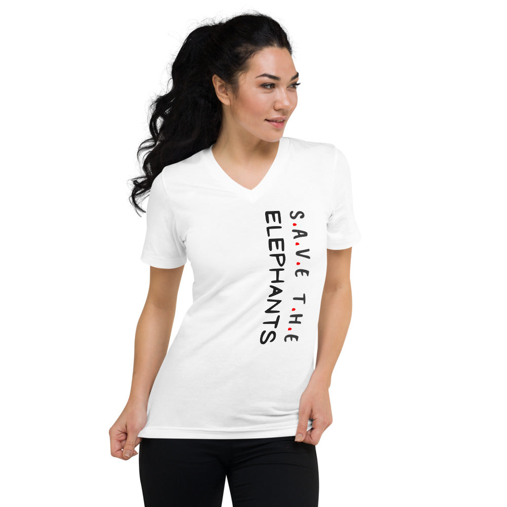 White Save the Elephants Unisex Short Sleeve V-Neck T-Shirt