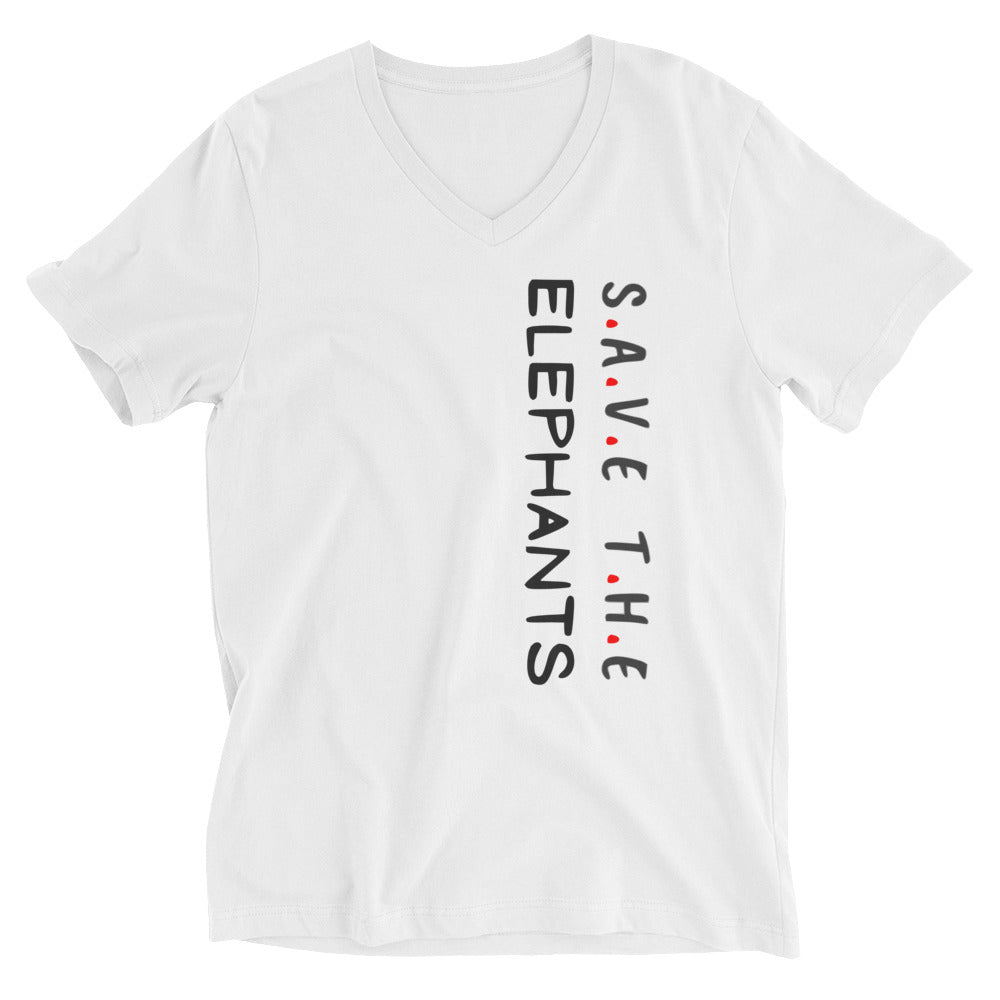 White Save the Elephants Unisex Short Sleeve V-Neck T-Shirt