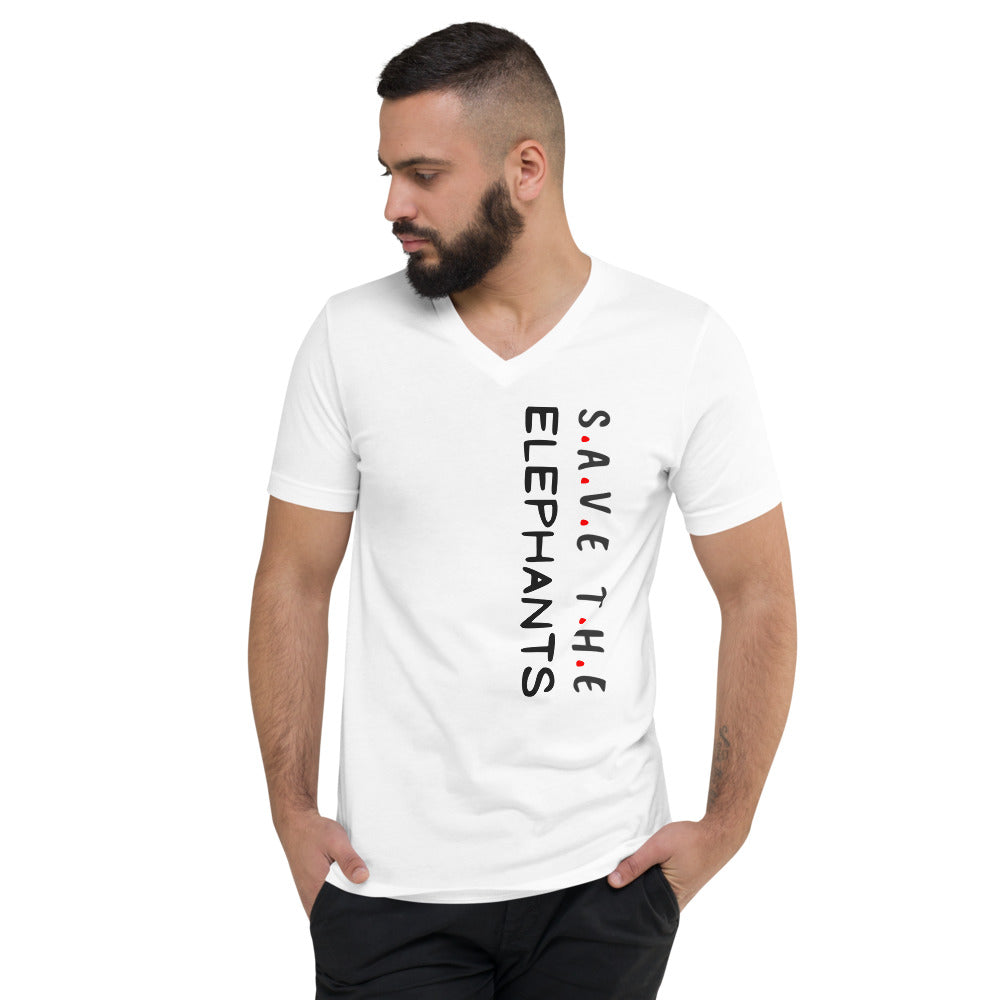 White Save the Elephants Unisex Short Sleeve V-Neck T-Shirt