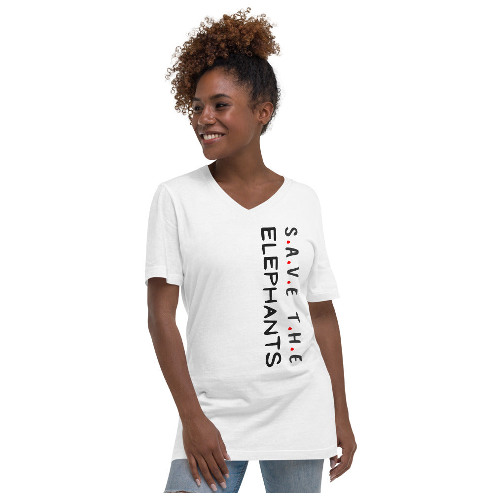 White Save the Elephants Unisex Short Sleeve V-Neck T-Shirt