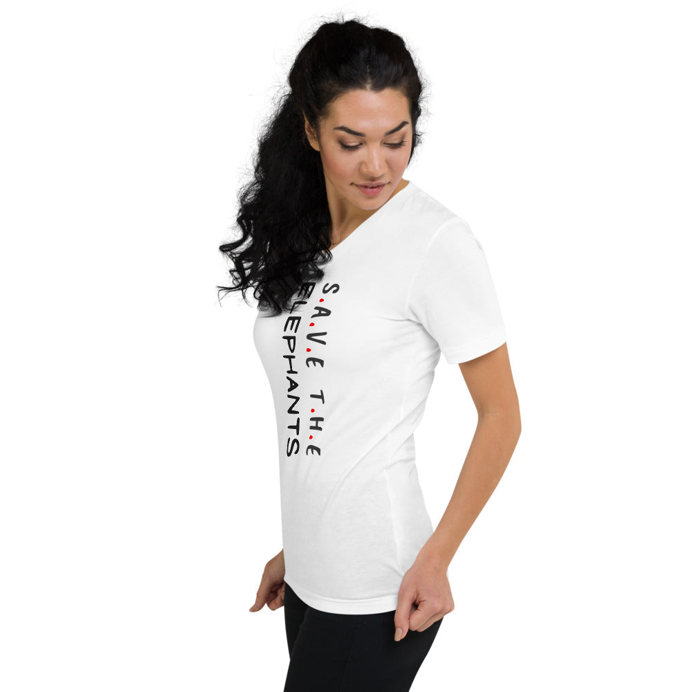 White Save the Elephants Unisex Short Sleeve V-Neck T-Shirt