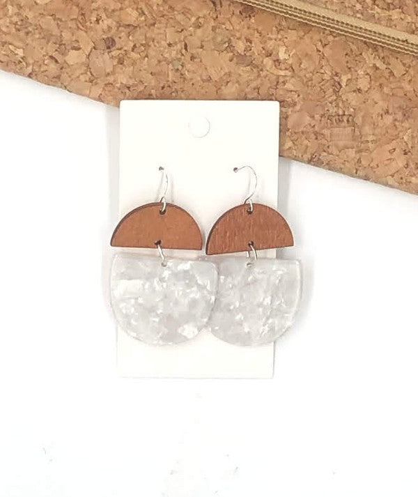 Ivory Acrylic and Wood Deco Drop Earrings