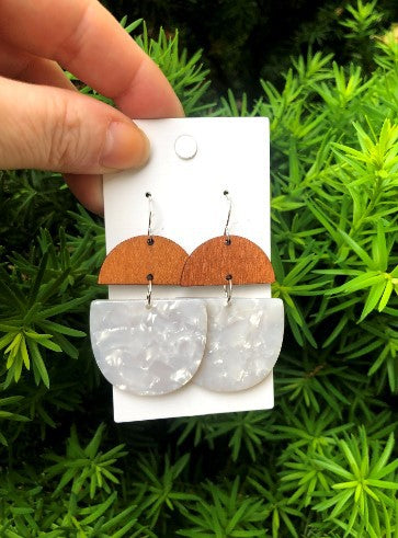 Ivory Acrylic and Wood Deco Drop Earrings