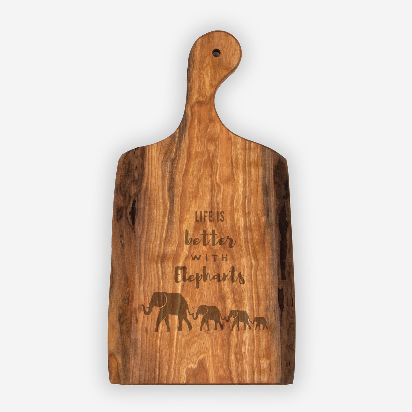 Elephant Family Cherry Artisan Wood Serving Board Engraved – “Life is Better with Elephants”