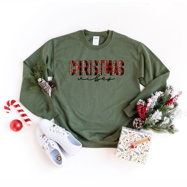 Leopard Plaid Christmas Vibes Graphic Sweatshirt