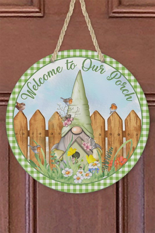 Welcome to our Porch Green Gnome Door Hanger