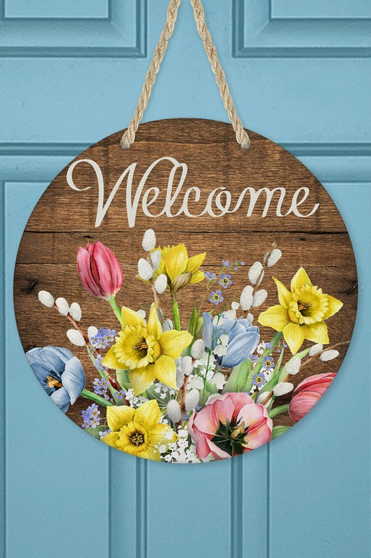 Welcome Brown Floral Door Hanger