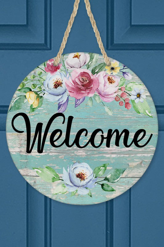 Welcome Pink Blue Floral Door Hanger