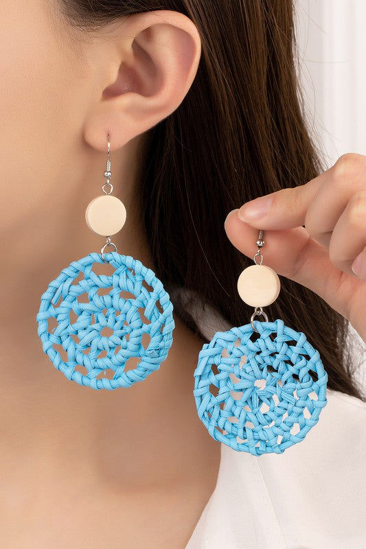 bright color rattan woven disk drop earrings