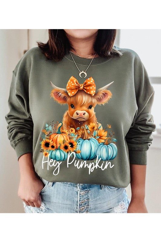 Thanksgiving Unisex Fleece Sweatshirt | Hey Pumpkin | Highland Cow