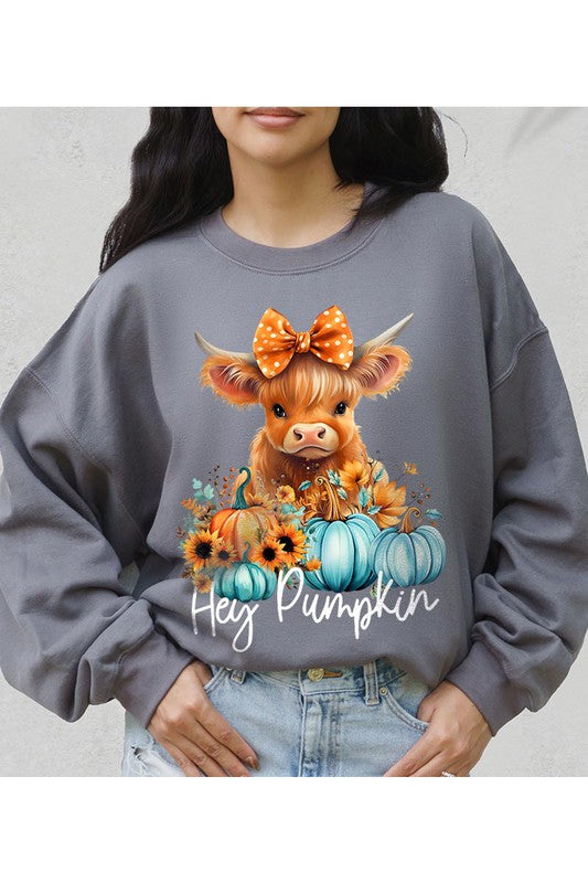 Thanksgiving Unisex Fleece Sweatshirt | Hey Pumpkin | Highland Cow