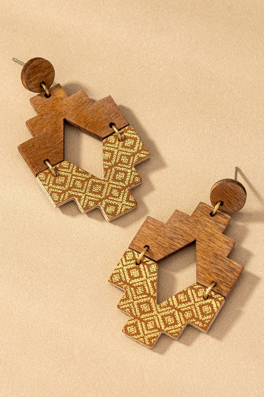 Aztec half wood half leather drop earrings