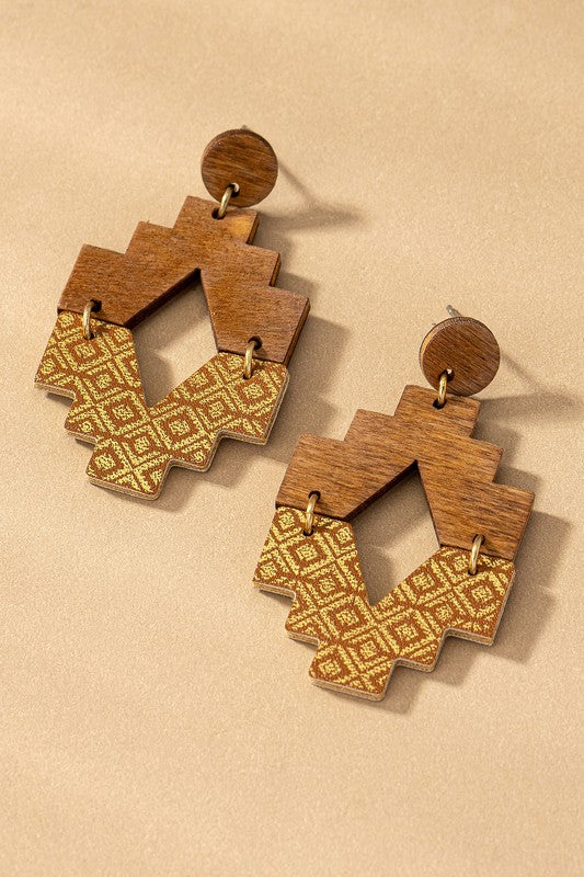 Aztec half wood half leather drop earrings