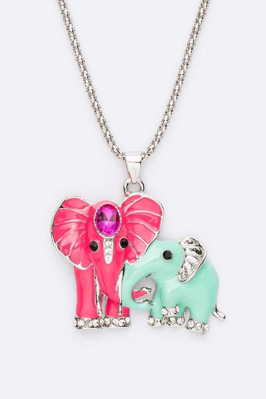 Mother And Child Elephant Pendant Long Necklace
