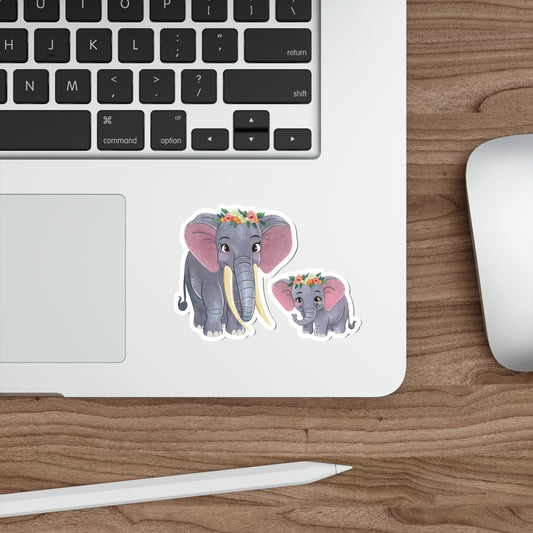 Stickers of Amara with her Loving Mother, Lila with Flowers as Crowns | Die-Cut Water-resistant Elephant Stickers | Outdoor and Indoor Stickers