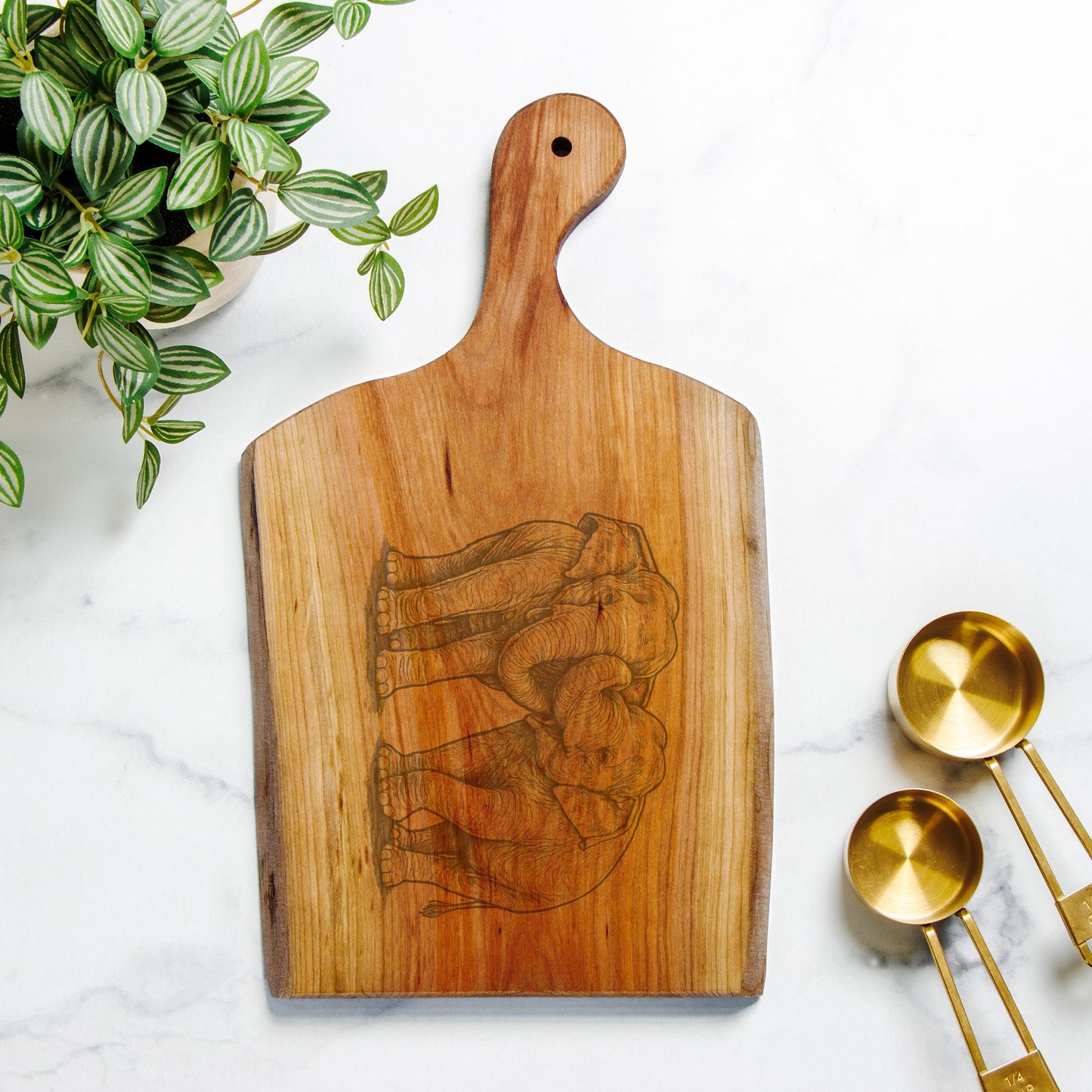 Live Edge Cherry Serving Board Happy Asian Elephants – Charcuterie Board, Housewarming Gift, Safari Cheese Platter
