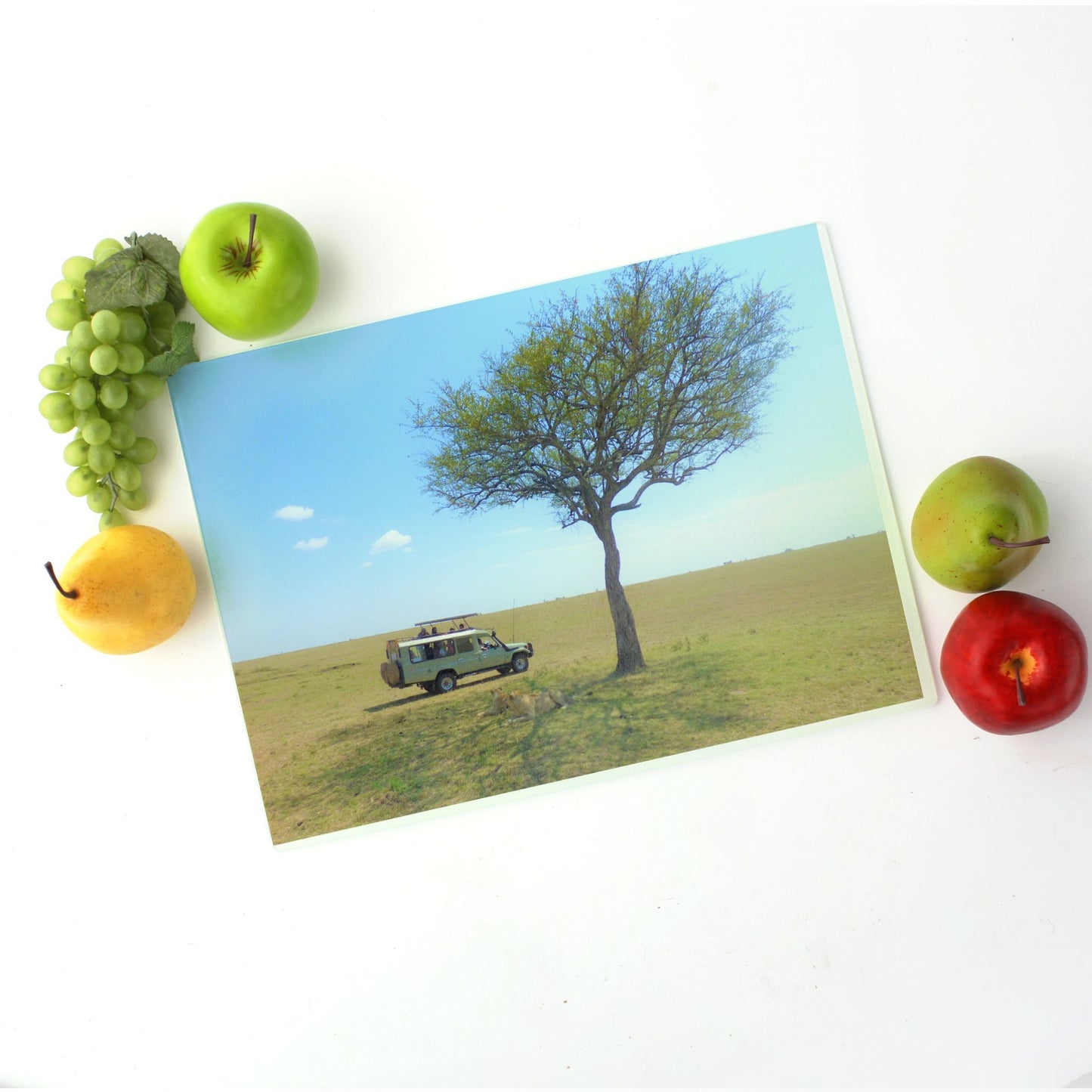 Safari Cutting Board Glass | African Safari Kitchen Decor | Acacia Tree Landscape | Safari Vehicle Art Board | Nature Lover Gift | Charcuterie Board