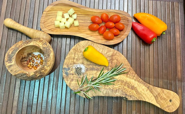 Mediterranean Olive Wood Serving Collection | Cutting Board, Wood Bowl, Mortar & Pestle
