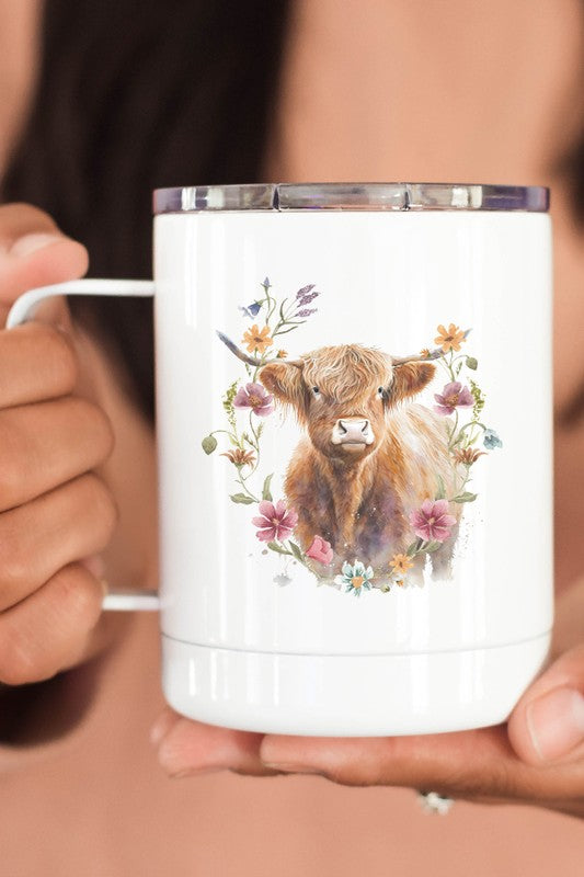 Highland Cow Floral Stainless Steel Travel Cup