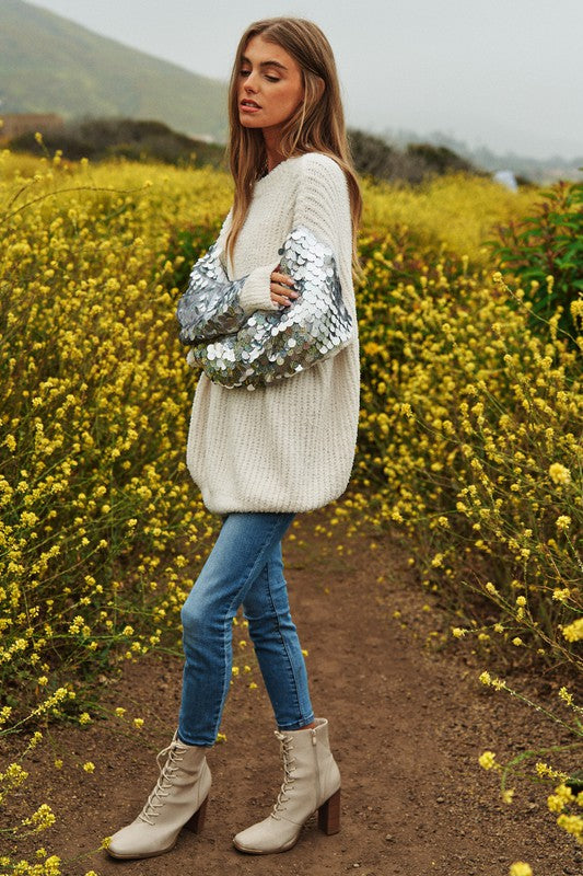 Gorgeous Sequin Sleeve Sweater Knit Tunic Top
