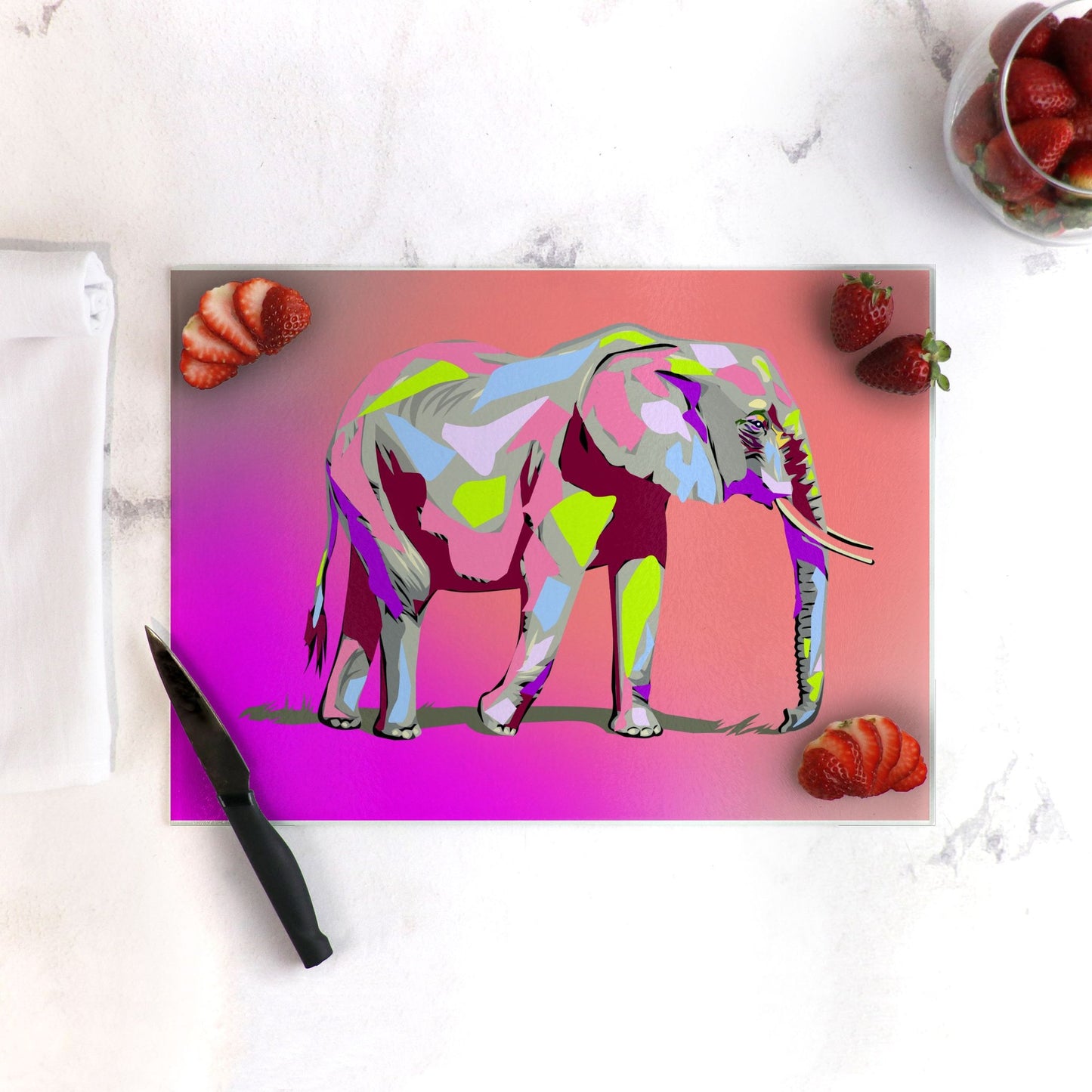 Colorful Elephant Glass Cutting Board | African Elephant Kitchen Decor | Purple Pink Elephant Art | Safari Home Decor | Unique Wildlife Gift