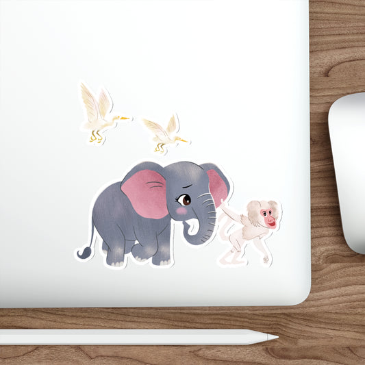 Stickers of Amara with Babu the Baboon, Nuru, and Zuri the Egrets | Die-Cut Elephant Stickers | Outdoor and Indoor Stickers | Water-resistant Stickers